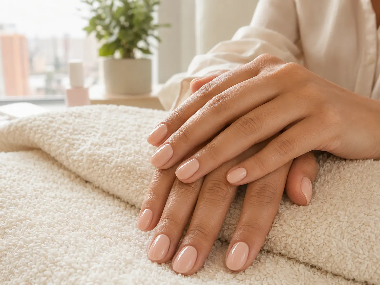 Manos con manicure nude sobre una toalla