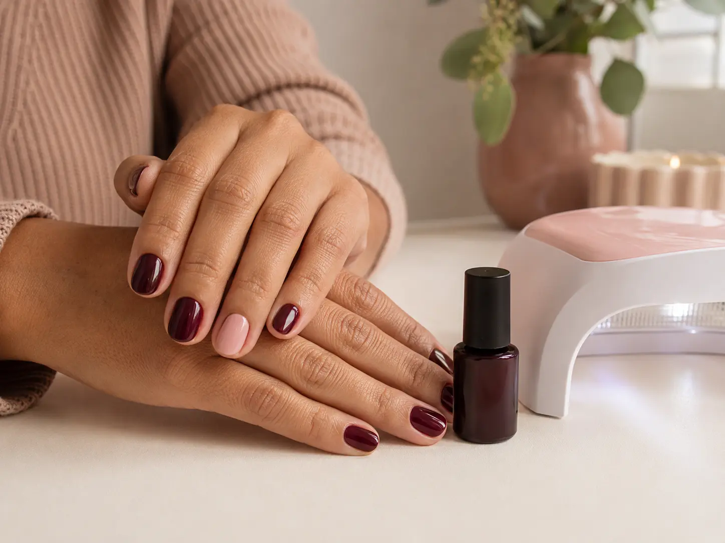 Uñas con manicure semipermanente color borgoña
