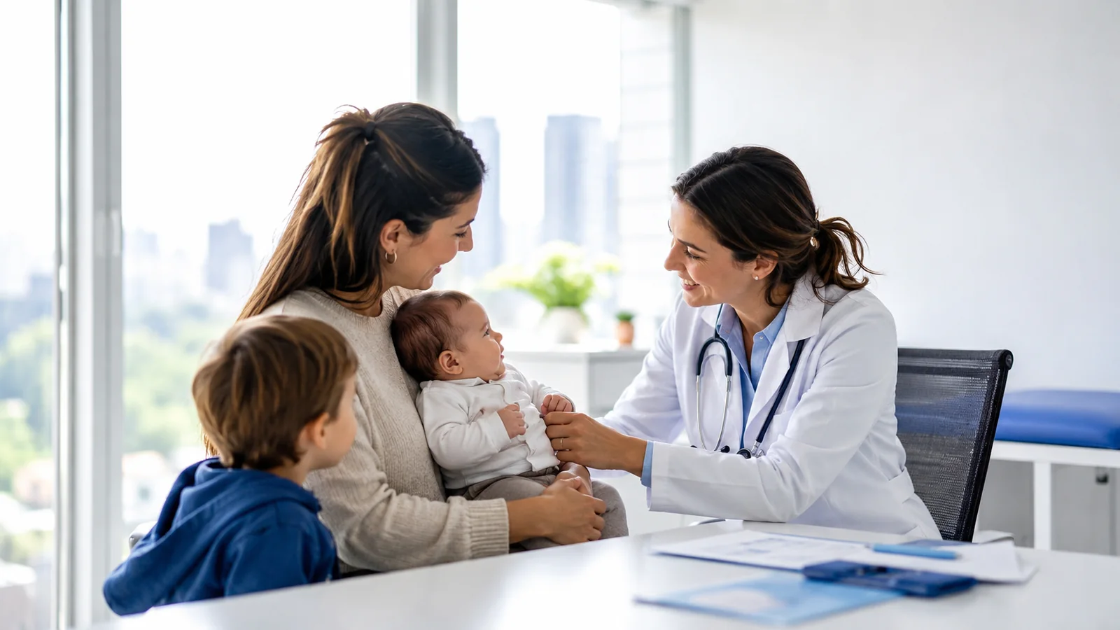 Pediatra atendiendo a una familia con bebé en consultorio moderno